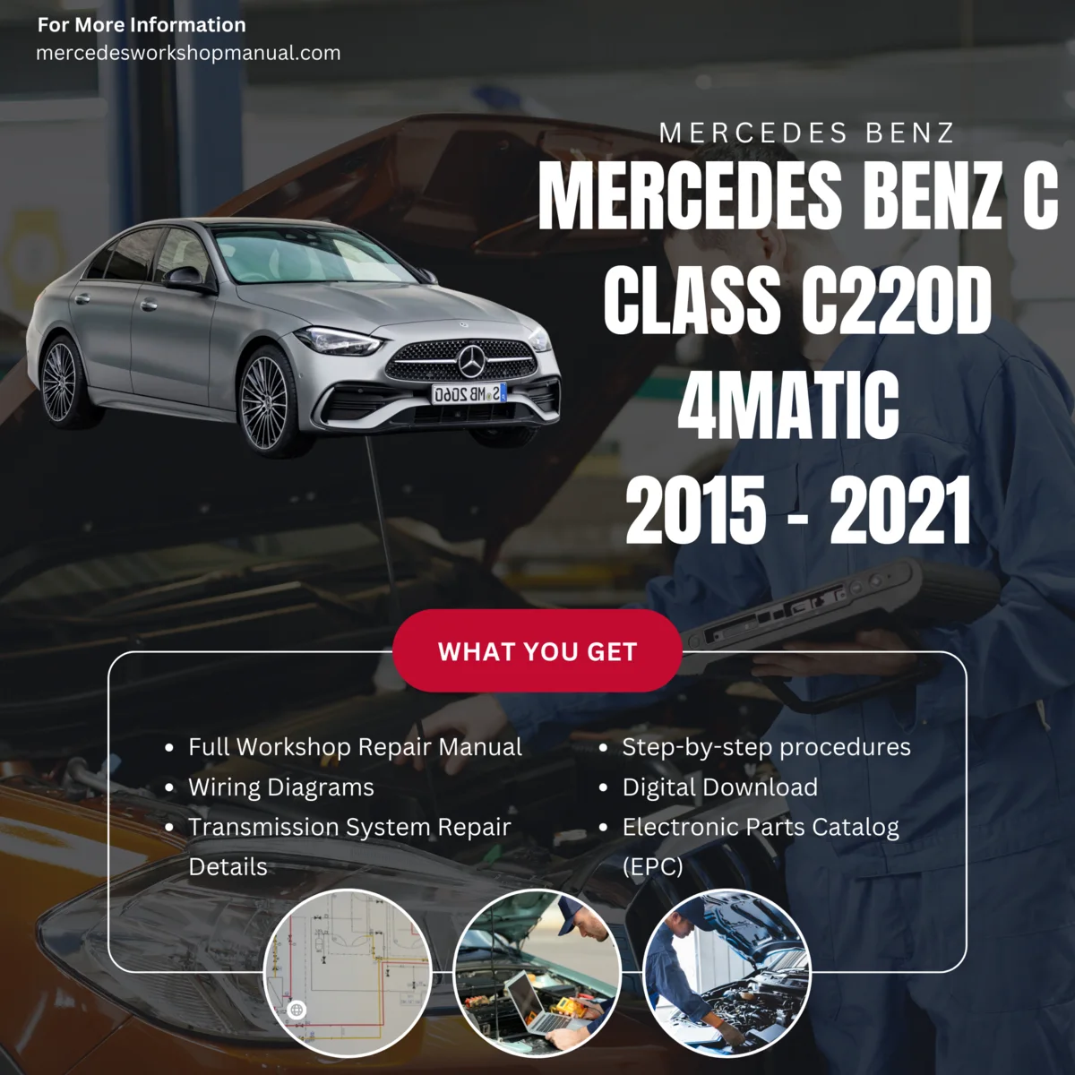 Mercedes-Benz C-Class C220d 4Matic Diesel 2015-2021 Workshop Manual Cover