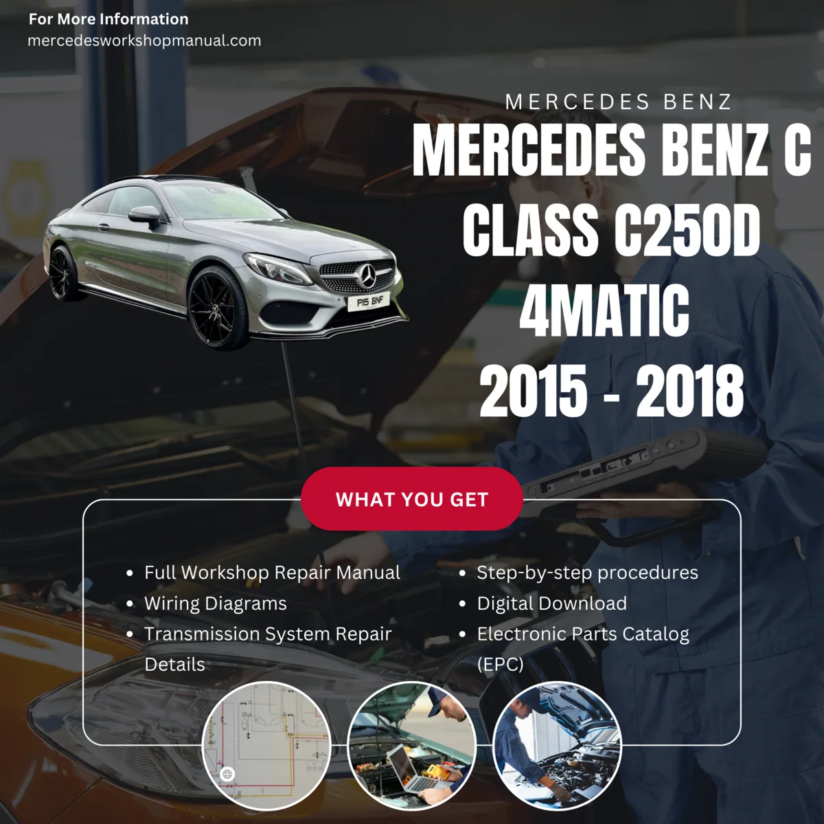 Mercedes-Benz C-Class C250d 4Matic Diesel 2015-2018 Workshop Manual Cover